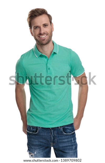 green polo with jeans