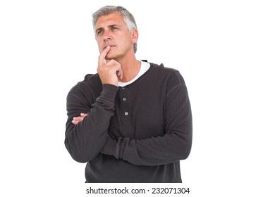 Casual Man Thinking With Hand On Chin On White Background