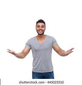 Casual Man Welcome Hand Gesture Happy Smile Young Handsome Guy Wear Shirt Jeans Isolated White Background