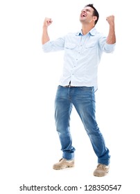 Casual Man Winning And Celebrating - Isolated Over A White Background