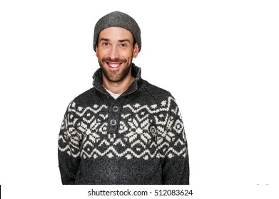 Casual Man In Winter Hat And Warm Clothes. Isolated On White Background