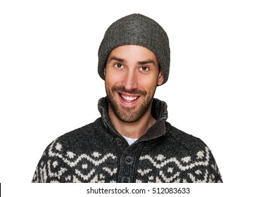 Casual Man In Winter Hat And Warm Clothes. Isolated On White Background