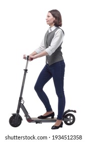 Casual Mature Woman With Electric Scooter. Isolated On A White