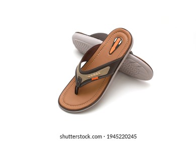 Casual Men's sandals isolated on white background. Comfortable men's sandals. Space for text