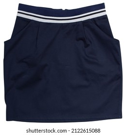 Casual Navy Blue Skirt With Stripe Garterized Waist With Two Side Pockets And Zipper At The Back On White Background. Closeup. Front View.