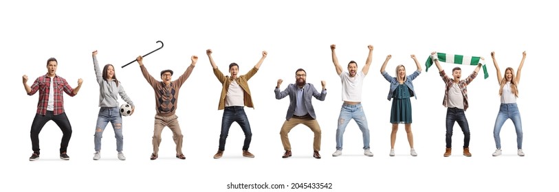 Casual people football supporters cheering and gesturing happiness isolated on white background - Shutterstock ID 2045433542