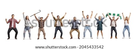 Casual people football supporters cheering and gesturing happiness isolated on white background