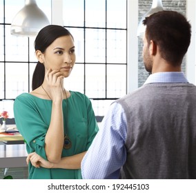 Casual People Talking At Office, Asian Female Officeworker Paying Attention.