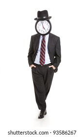 Casual, Relaxed Businessman With A Clock For A Face.  Full Body Isolated On White.