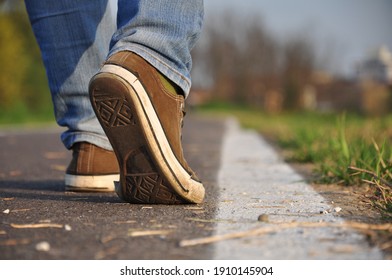 Casual Shoes Walking On Sttreet Closeup 