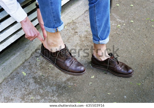 Casual Style Dressed Man Putting Legs Stock Photo Edit Now 635503916