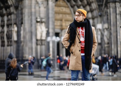 Casual style. Man stands against the sights. Cathedral Church of Saint Peter. Cologne Cathedral. Germany. Gothic architecture.  - Shutterstock ID 1279690249