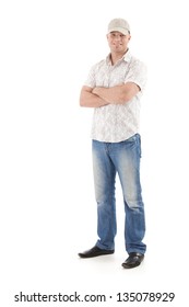 Casual Summer Portrait Of Young Man Wearing Baseball Hat, Smiling, Standing With Arms Folded, Isolated On White.