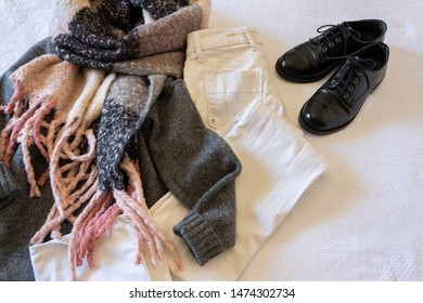 Casual Winter Woman Outfit. Flatlay Of Everyday Woman Dresses 