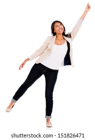 Casual Woman Holding Imaginary Balloon - Isolated Over White Background 