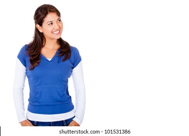 Casual Woman Looking To The Side - Isolated Over A White Background