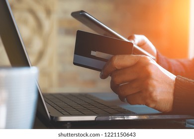 Casual Woman Online Shopping And Internet Banking On Mobile Smart Phone And Laptop Computer, Payment By Credit Card. E Commerce, E Business, Mobile Banking, Online Shopping Concept.