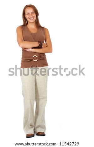 Similar – Image, Stock Photo Full body portrait of a young woman standing barefoot with long legs in a leopard print top and hot pants against a concrete wall looking challengingly at the camera