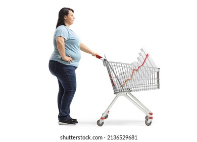 Casual Woman Standing With A Shopping Cart And A Bar Chart Inside Isolated On White Background