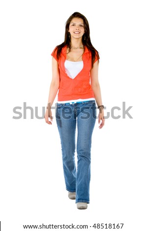 Similar – Image, Stock Photo Full body portrait of a young woman standing barefoot with long legs in a leopard print top and hot pants against a concrete wall looking challengingly at the camera