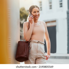 Casual Woman Talking On Phone Call, Networking And Making Conversation While Standing In The Urban City Alone. Trendy, Smiling And Cheerful Female Commuting And Traveling To Work In The Morning