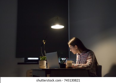 Casual Young Adult Woman Study Online For University Project, Making Notes. Exam Student Preparing For Test Sitting Alone In Dark Room With Lamp Light.