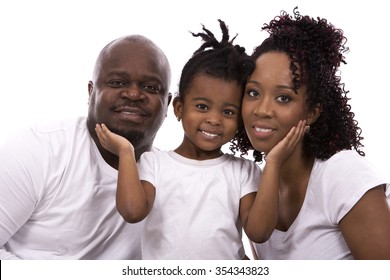casual young black family on white isolated background