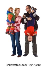 Casual Young Family With Two Kids - Isolated