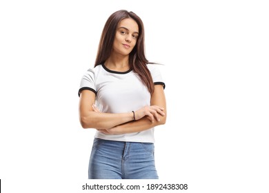 Casual Young Female Standing And Looking At The Camera Isolated On White Background