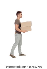 Casual young man carrying boxes isolated on a white background