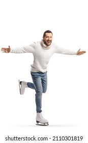 Casual Young Man Ice Skating And Spreading Arms Isolated On White Background