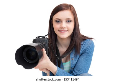 Female Photographer Holding Camera Smiling Isolated Stock Photo (edit 