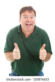 Casually dressed mature man making a silly face and giving two thumbs up.  Isolated on white.