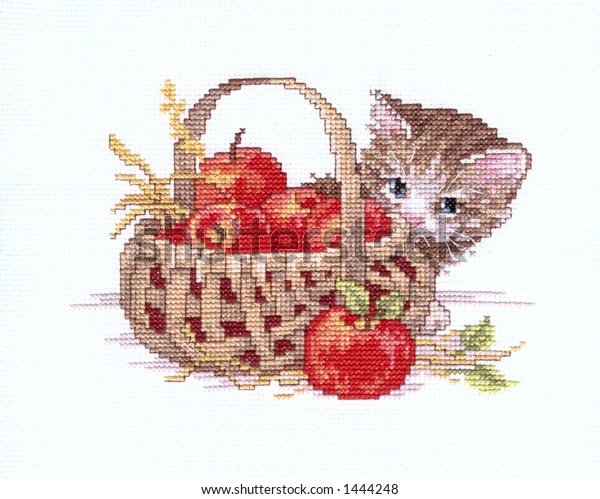 Cat Apple Basket Finished Cross Stitch Stock Photo Edit Now 1444248
