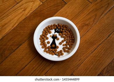 Cat bowl with waiting cat print on the wooden floor half filled with dry food