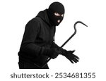 Cat Burglar Concept. Portrait of sneaky masked criminal holding crowbar, copy space, isolated over white studio wall