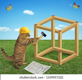 The cat carpenter in a yellow building helmet with a big hammer is building an impossible cube in a meadow.
