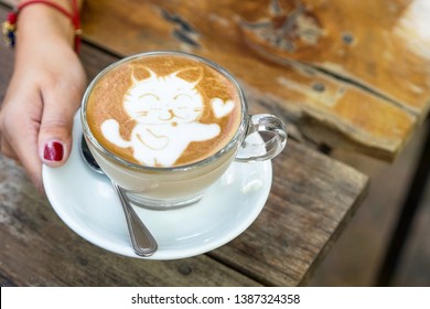 Cat Cartoon On Coffee Latte Art