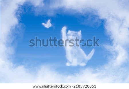 Cat clouds shape framed in clouds. Cat catches a butterfly 