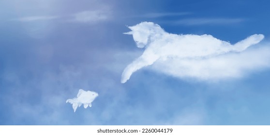 Cat clouds shape. Cat lying on a cloud catches a fish