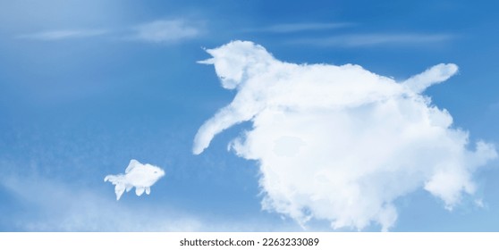 Cat clouds shape. Cat lying on a cloud catches a fish