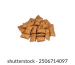 Cat crunchy biscuits. Pile of dry cat food isolated on white background. Pet treats with different fillings