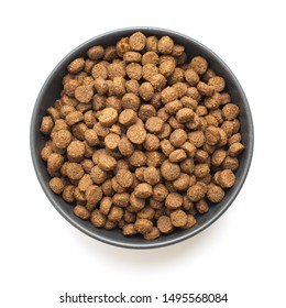 Cat And Dog Dry Food In Bowl Isolated On White Background. Top View.