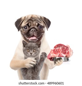 Cat And Dog Holding Bowl Of Raw Meat. Isolated On White Background