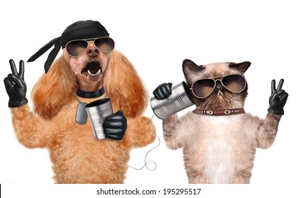 Cat With A Dog On The Phone With A Can