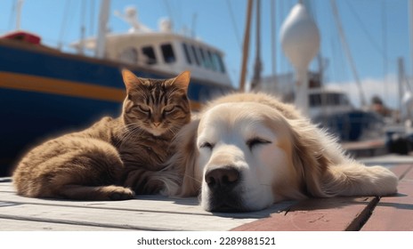 cat and dog,charming puppy and kitten  sit on wooden pier in harbor  - Shutterstock ID 2289881521
