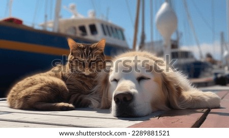 cat and dog,charming puppy and kitten  sit on wooden pier in harbor 