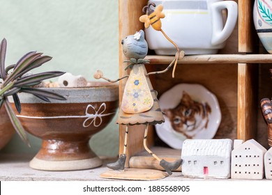 Cat Doll And House Doll Decorated On The Wooden Board 