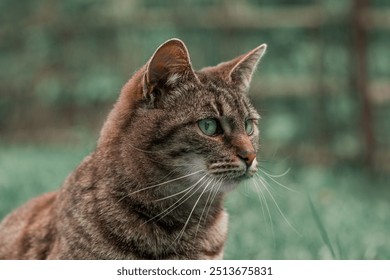 cat dramatic portrait animal head close up view looking side way moody blurred background outdoors low colors style  - Powered by Shutterstock