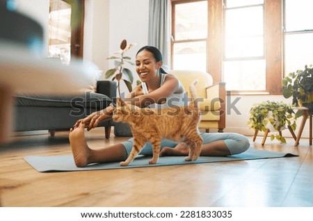 Cat, fitness or happy woman in yoga stretching legs for body flexibility, wellness or healthy lifestyle. Kitten, pet animal or zen girl in exercise, workout or training warm up in house exercising